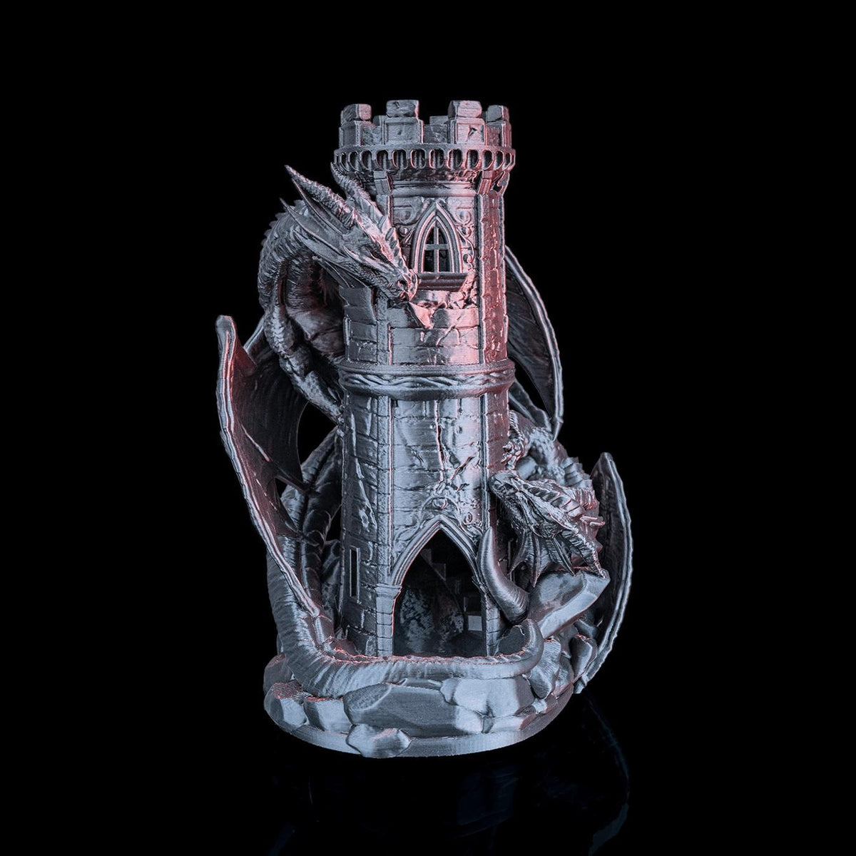 Twin Dragons dice tower from the front in silver and copper