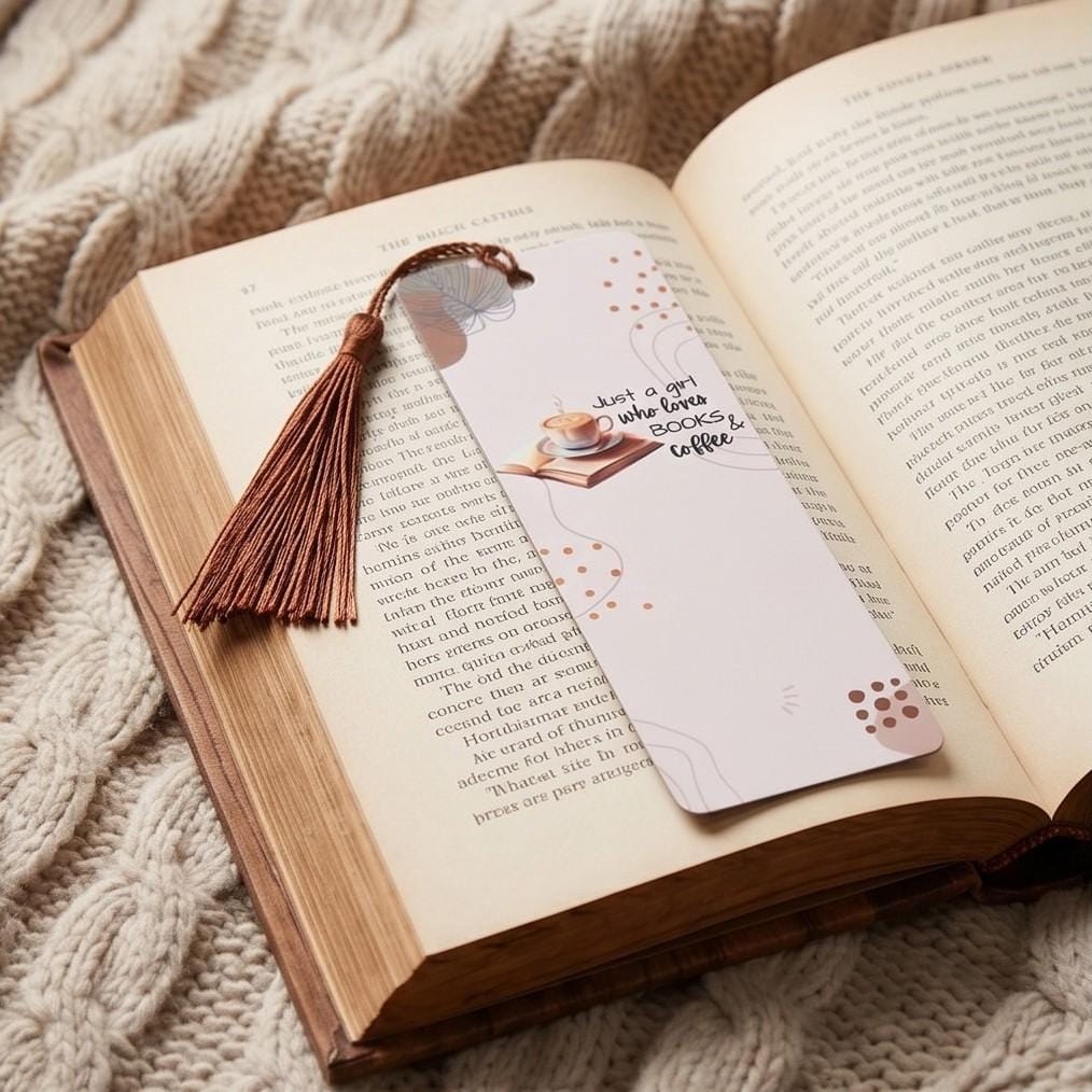 Books and coffee bookmark with a brown tassel on an open book