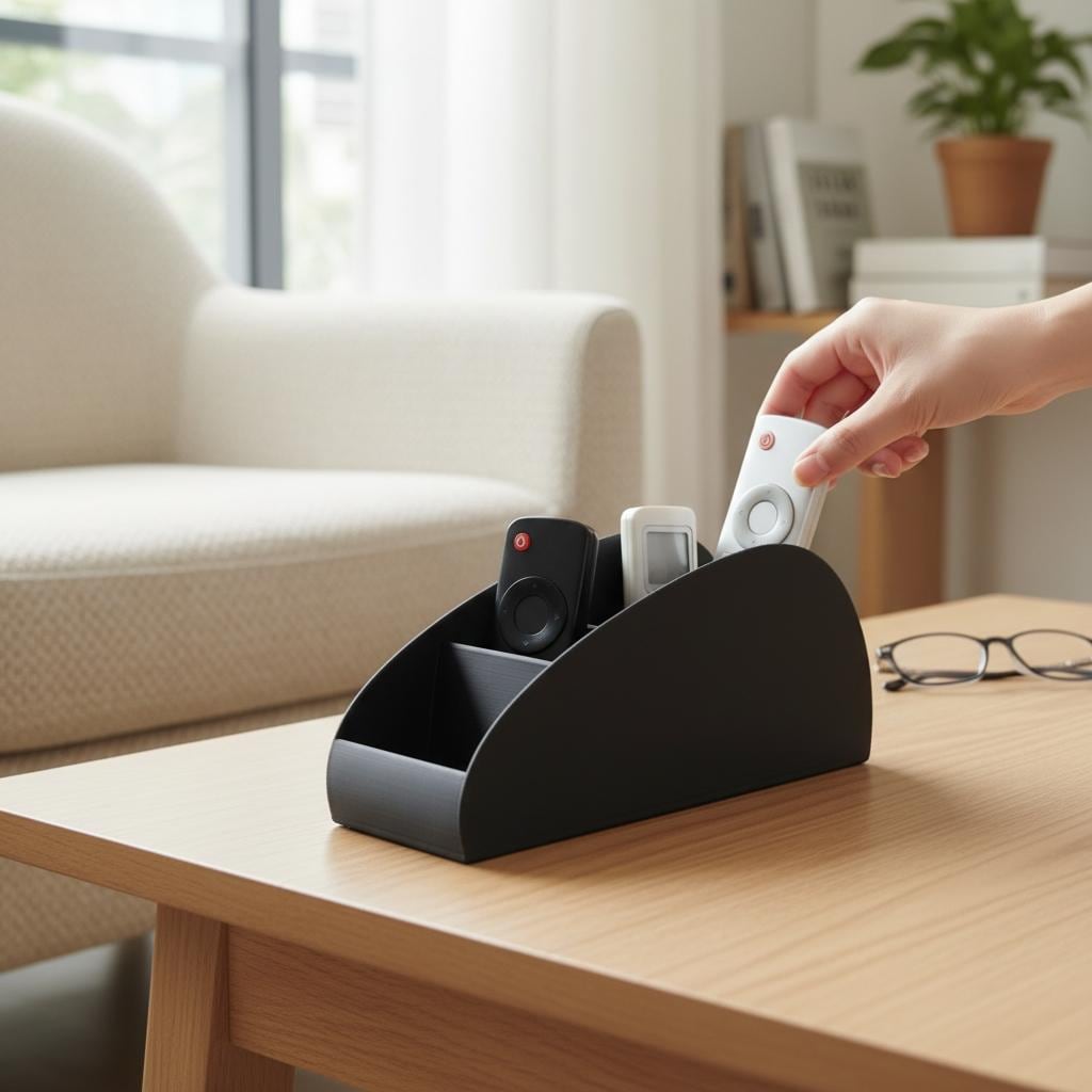 Remote caddy with remotes beside a sofa