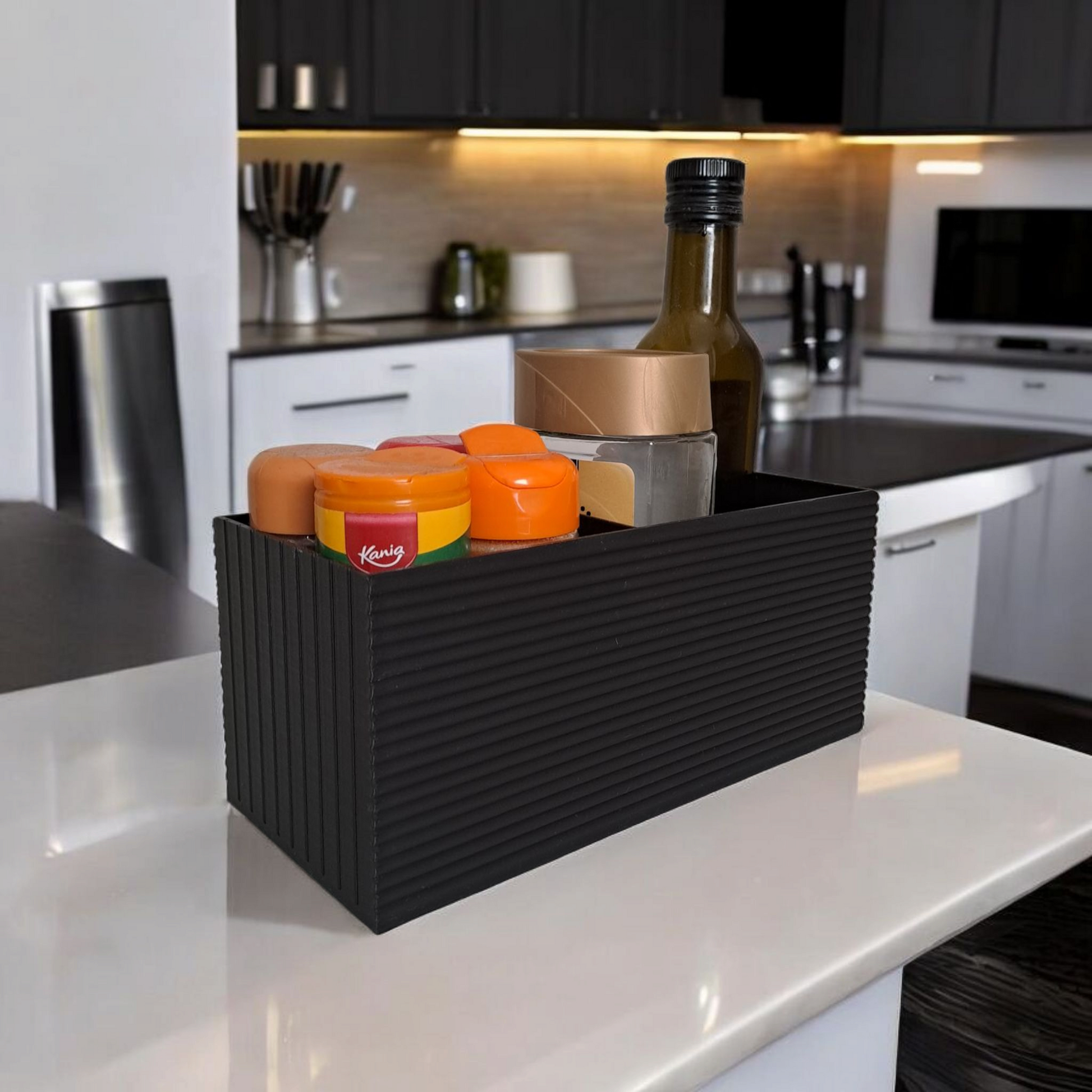 Close-up of the double ribbed surface on a contemporary desk tidy