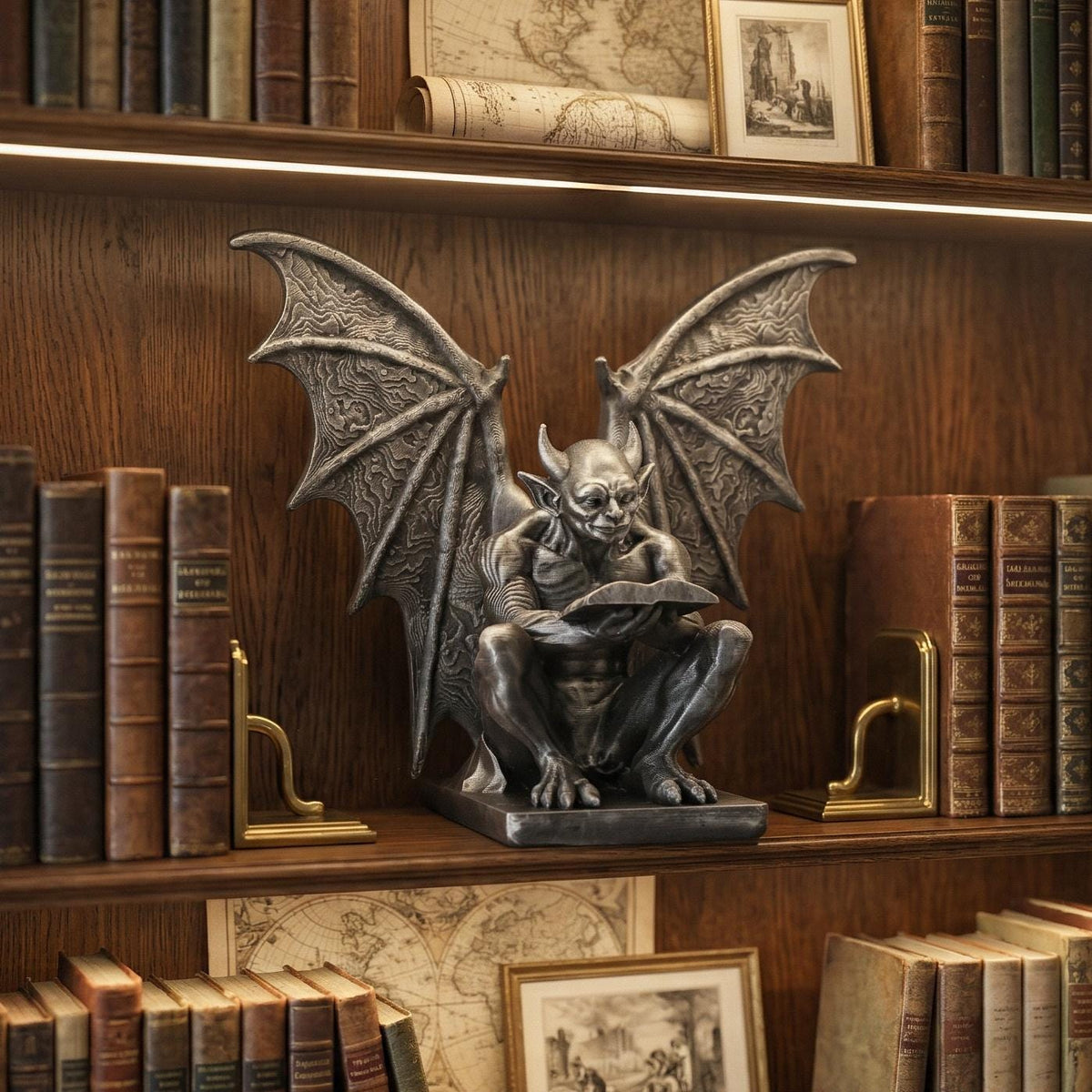 Gothic gargoyle bookend in silver holding up old books on a wooden library shelf