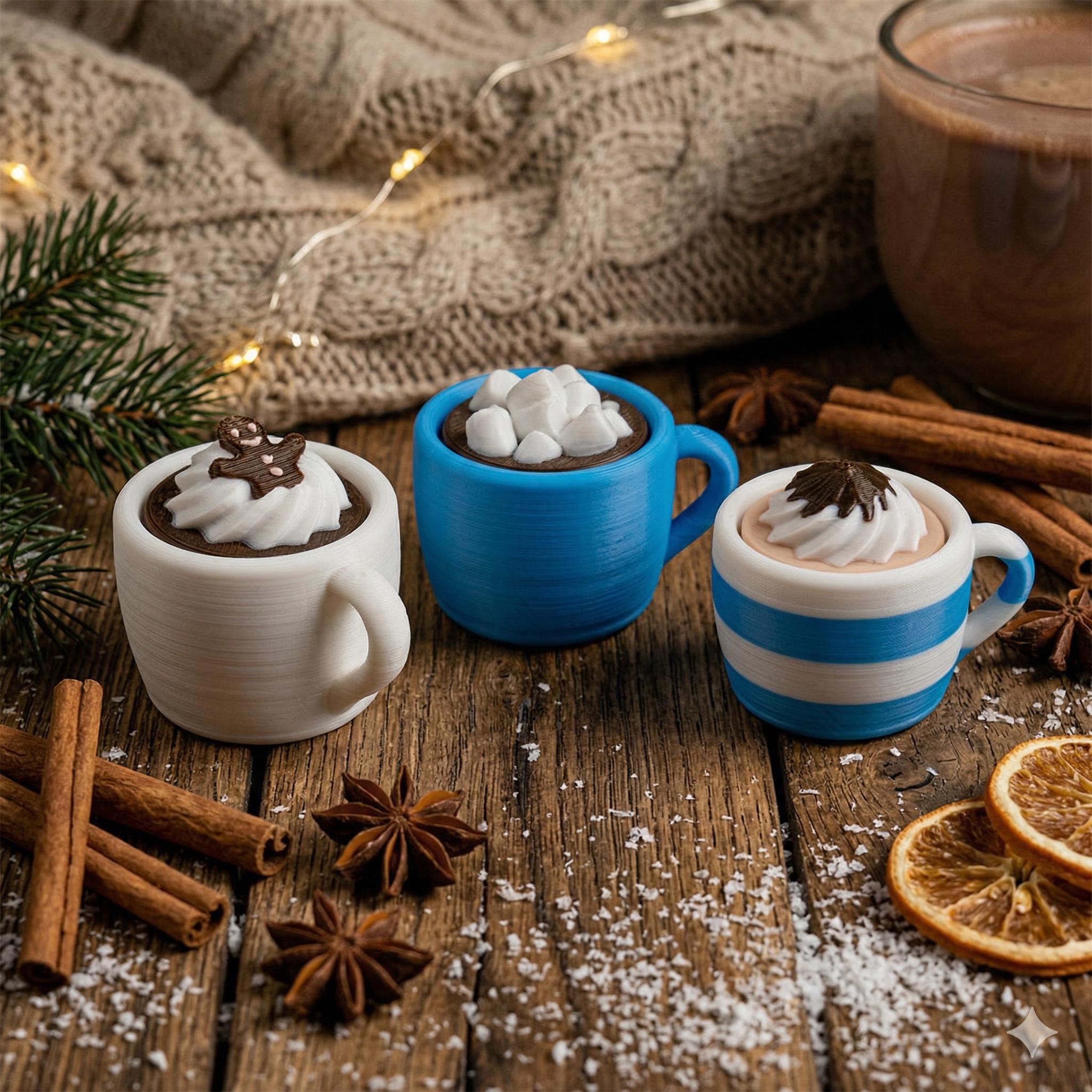 Three small mugs with hot chocolate, whipped cream, and cookies on a wooden surface with cinnamon sticks and oranges.