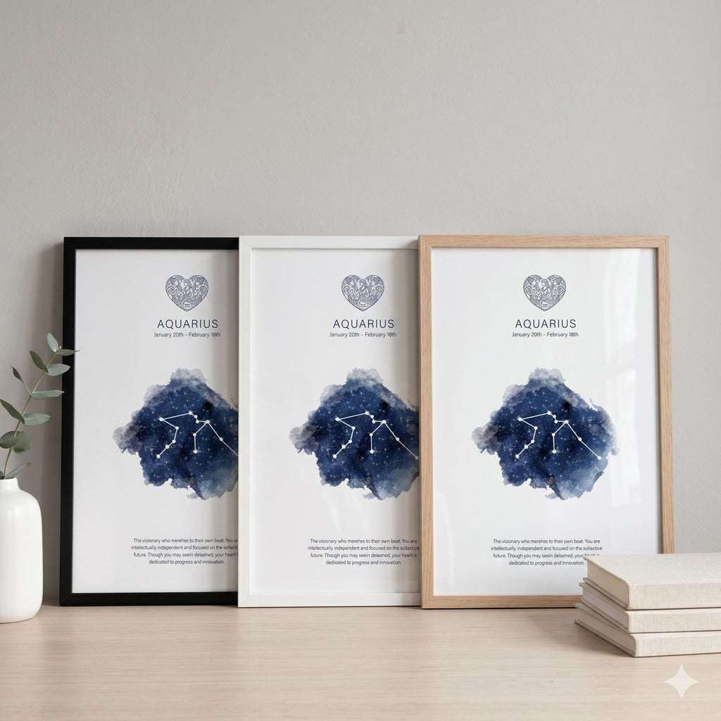 Aquarius constellation print in black, white and wood effect frames
