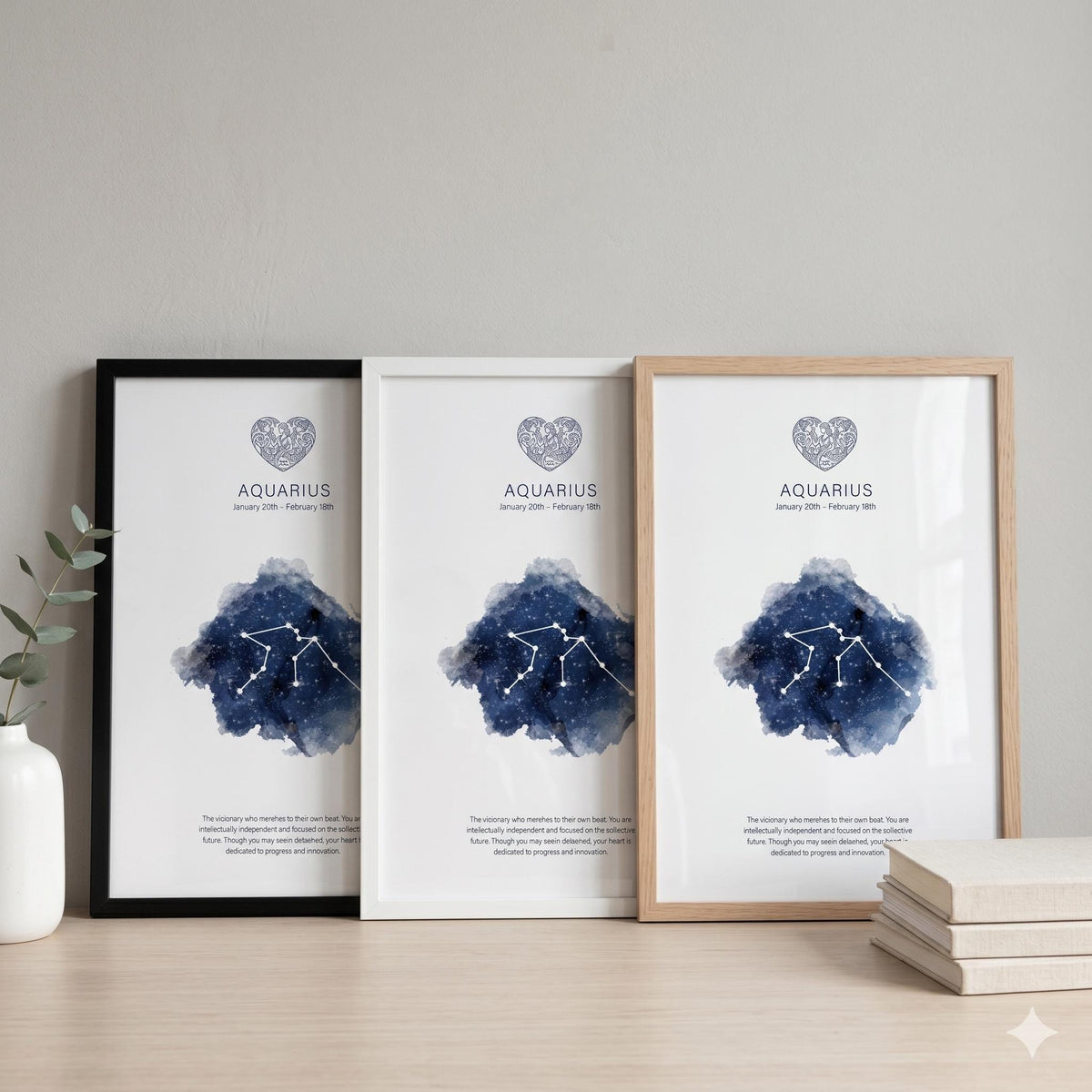 Aquarius constellation print in black, white and wood effect frames
