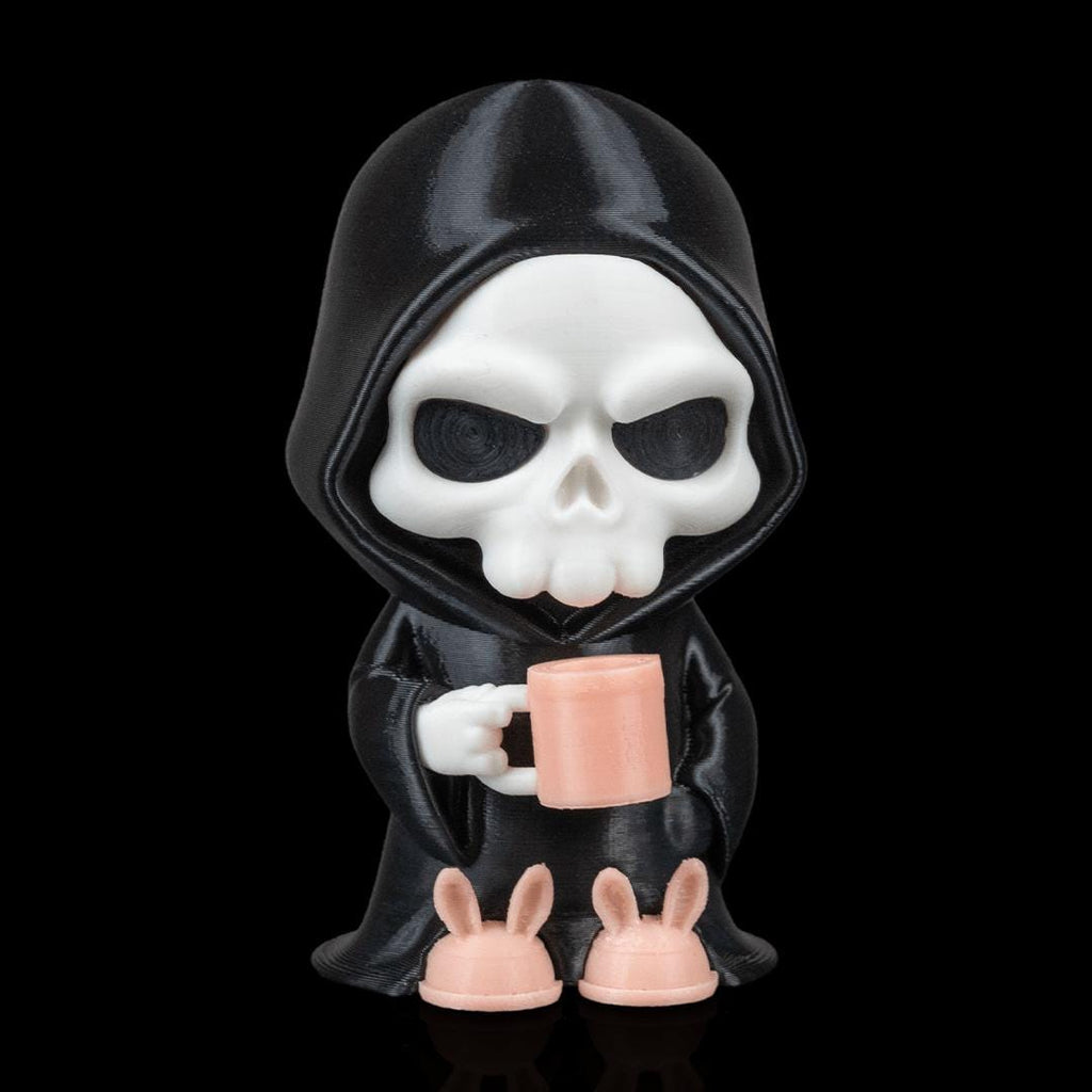 Coffin Break grim reaper figure from the front, holding a pink coffee mug, in pink bunny slippers