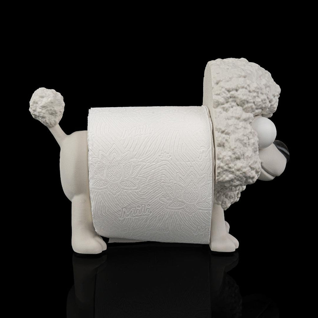 Poopoodle with a toilet roll, from the side