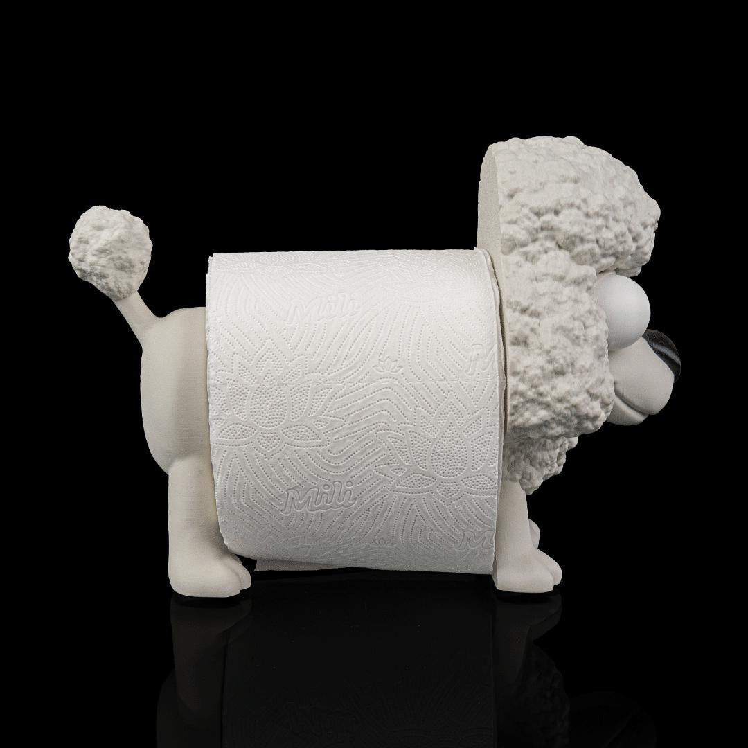 Poopoodle with a toilet roll, from the side