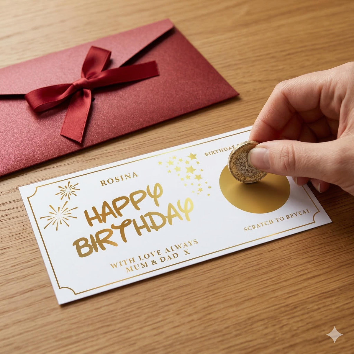 A coin scratching the gold panel on the birthday scratch card
