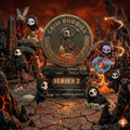 Grim Buddies Series 2 figures in a volcanic scene around a gold Grim Buddies coin