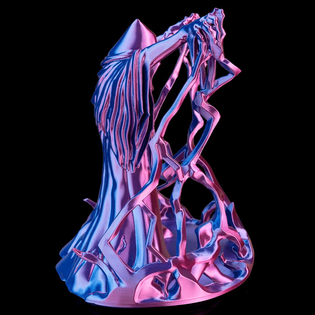 Wizard dice tower in purple and blue from the side