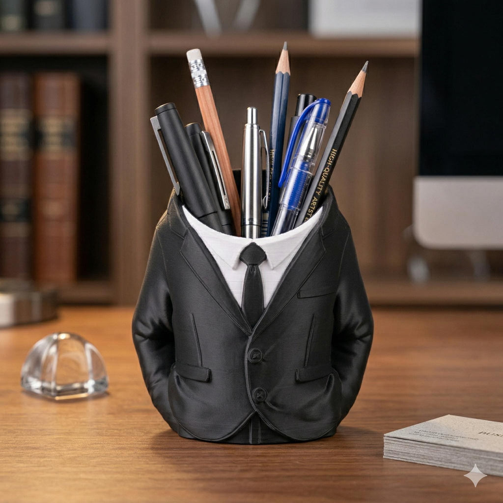 Dapper Desk Organizer: Hand-Crafted Blue Suit Pencil Cup with Gold Accents