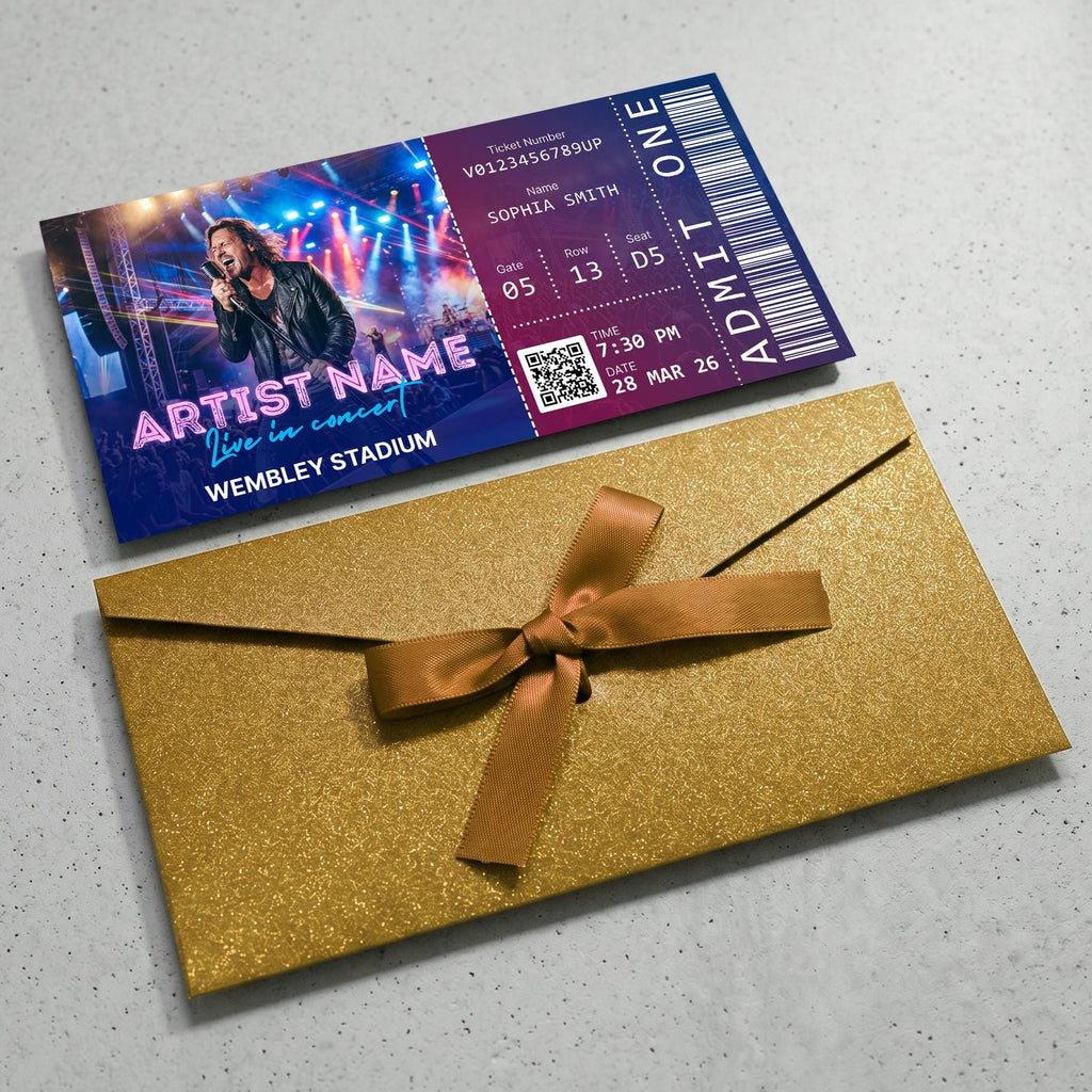 Personalised concert ticket with a gold ribbon envelope