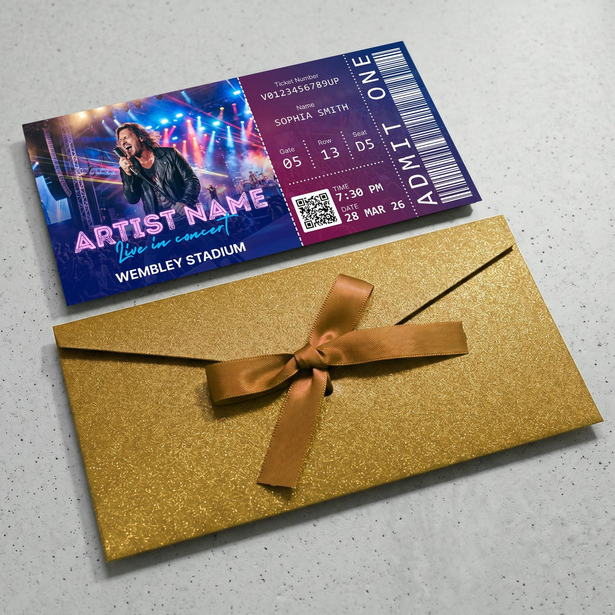 Personalised concert ticket with a gold ribbon envelope