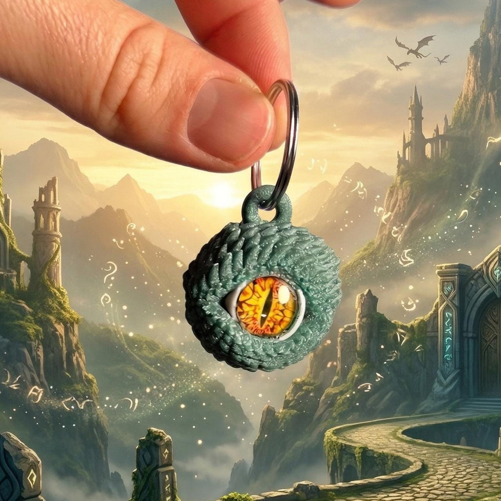 Green dragon eye pendant held by a hand against a fantasy landscape with castles and dragons.