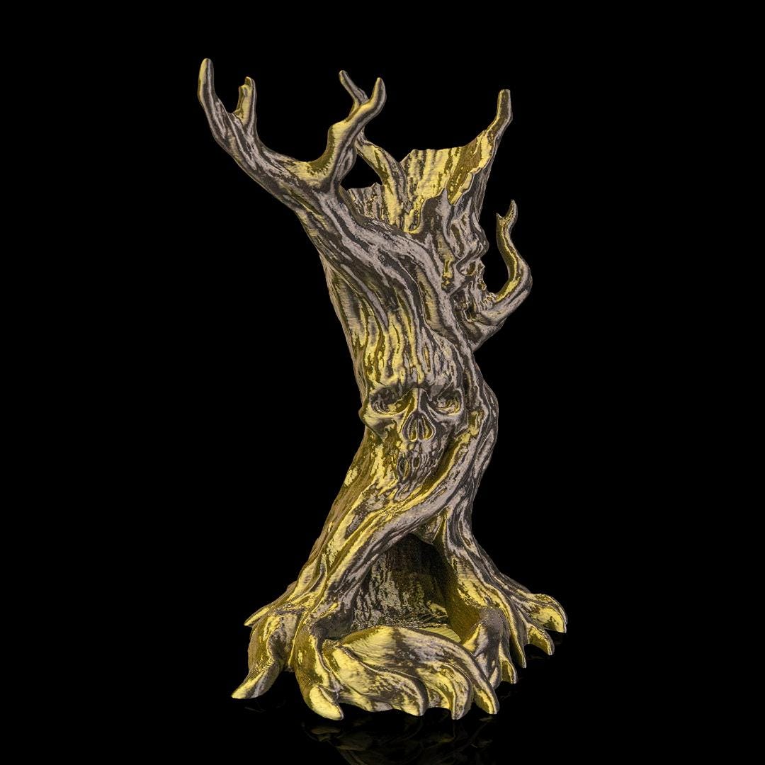 Dreadwood dice tower from an angle, showing the skull faces in the bark