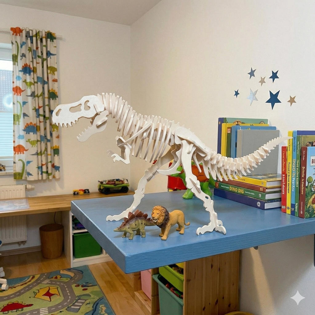 T-Rex skeleton model on a shelf in a child's bedroom with dinosaur toys and books