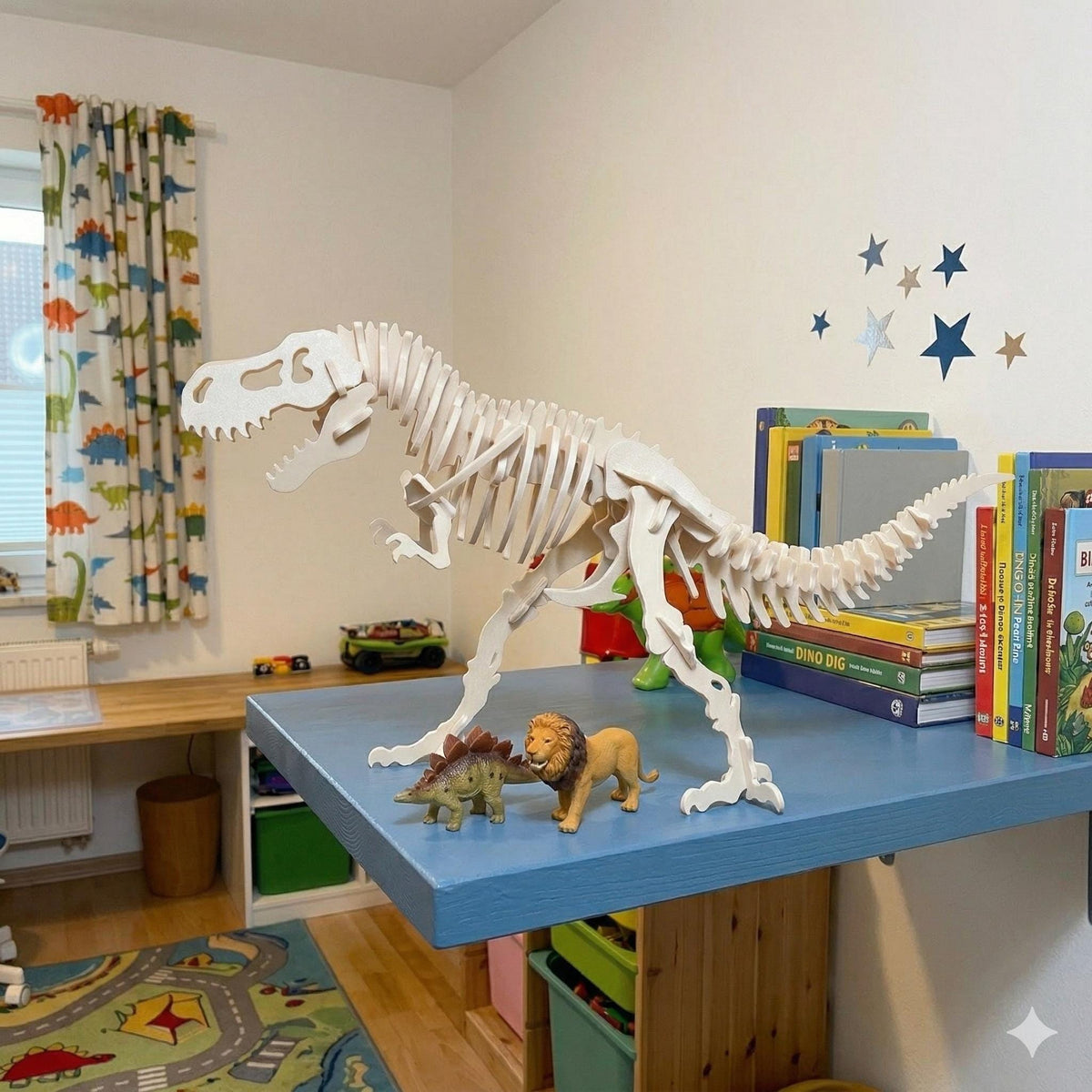 T-Rex skeleton model on a shelf in a child's bedroom with dinosaur toys and books