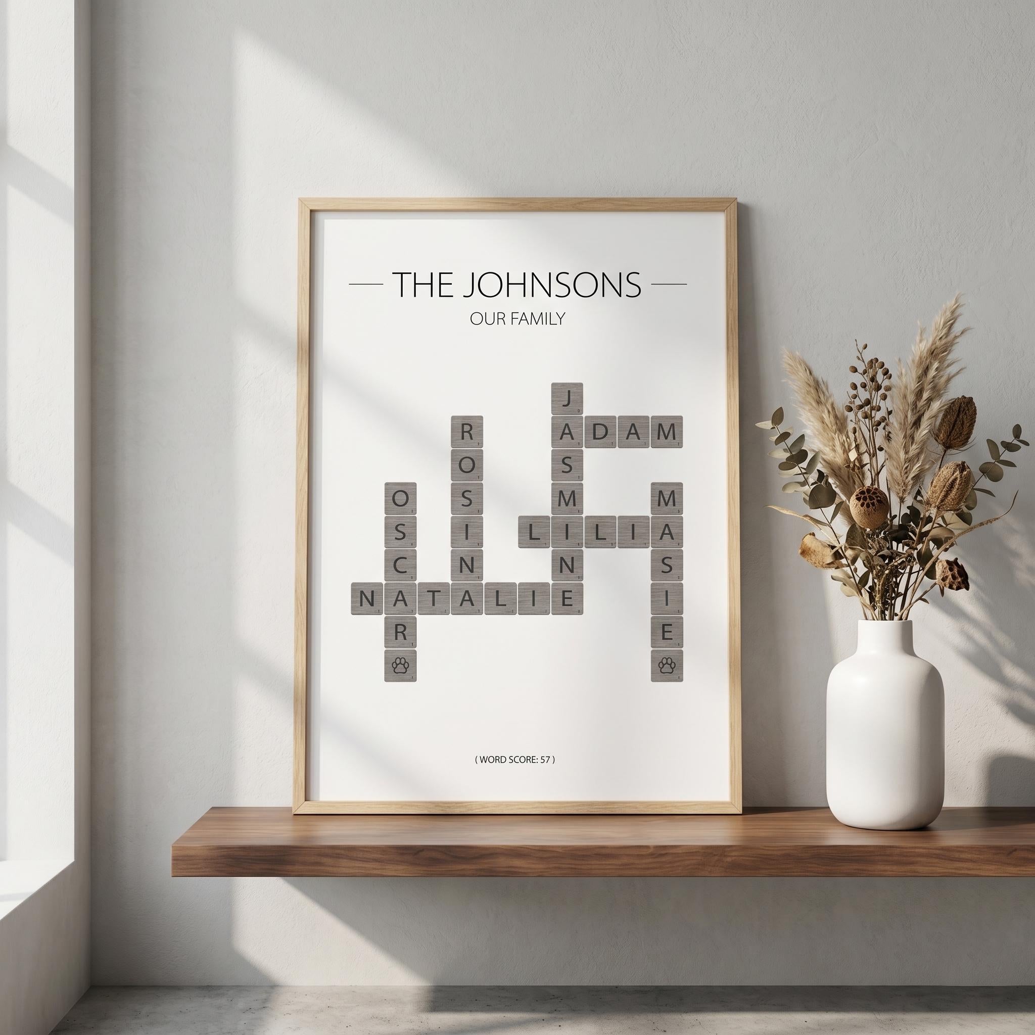 Personalised Family Scrabble Crossword Print, Custom Name Wall Art