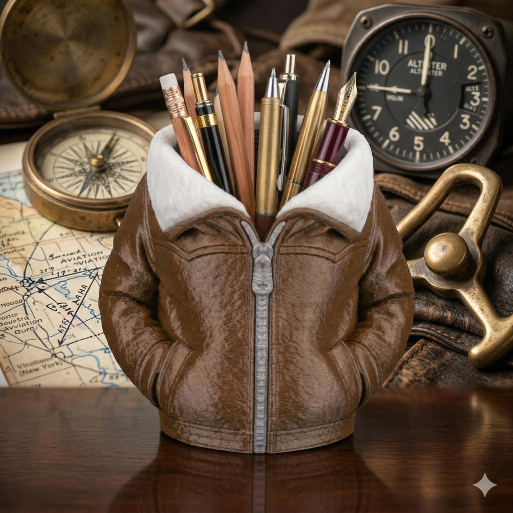 Leather Bomber Jacket Pen Holder – Aviator Desk Organizer, Pilot Biker Gift