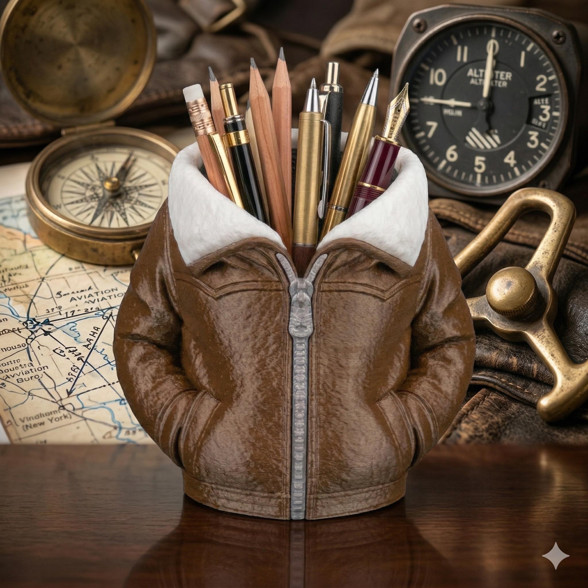 Leather Bomber Jacket Pen Holder – Aviator Desk Organizer, Pilot Biker Gift