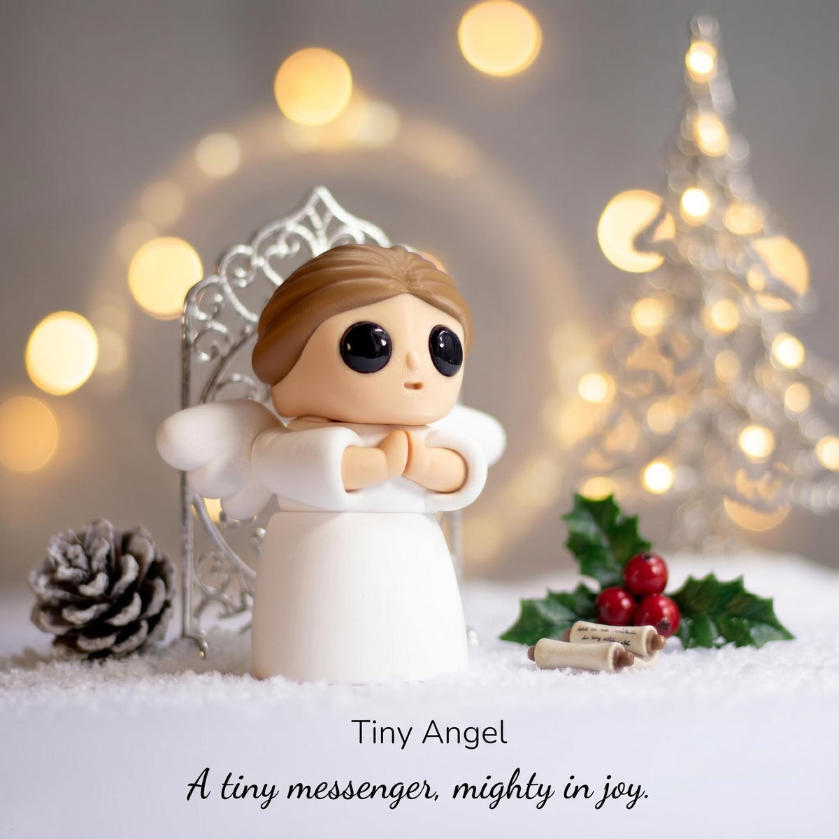 Angel mini fidget with praying hands, in front of a silver Christmas tree