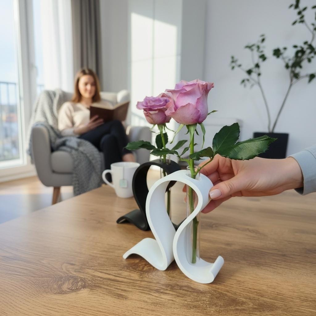White and black S-curve vases with roses on a table
