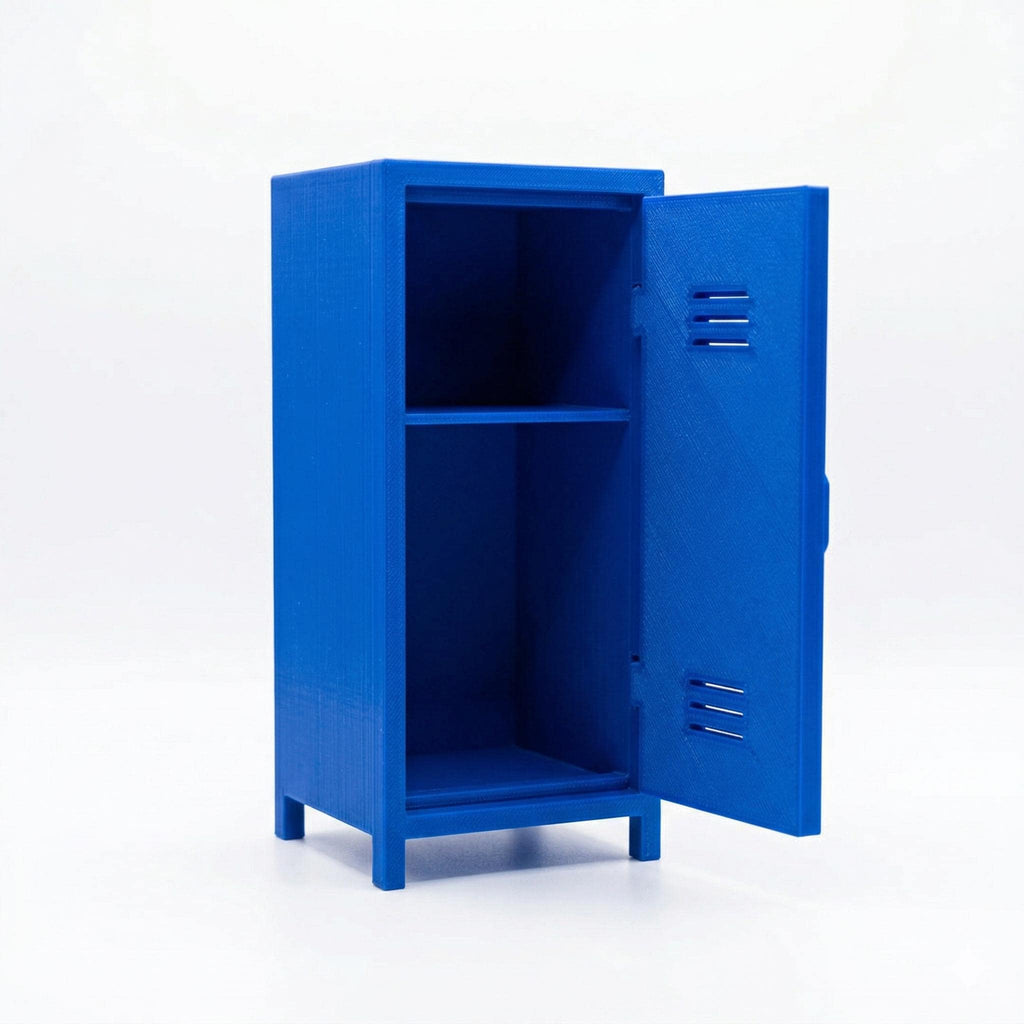 Empty blue mini locker with its door open, showing the shelf