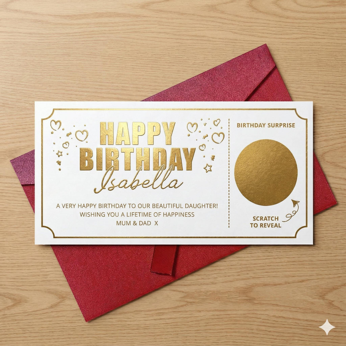 Gold foil birthday scratch card on a red envelope