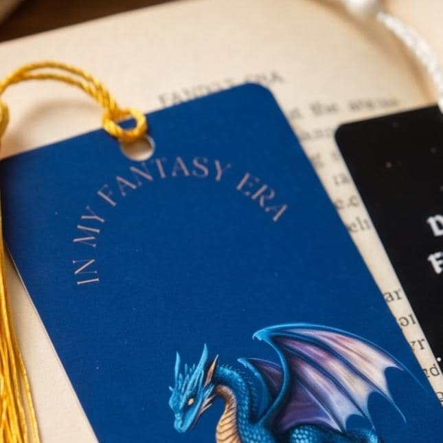 Close-up of the In My Fantasy Era bookmark with its blue dragon