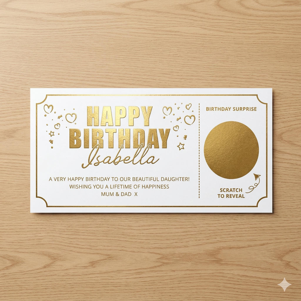 Gold foil birthday scratch card for Isabella, with a message from Mum and Dad