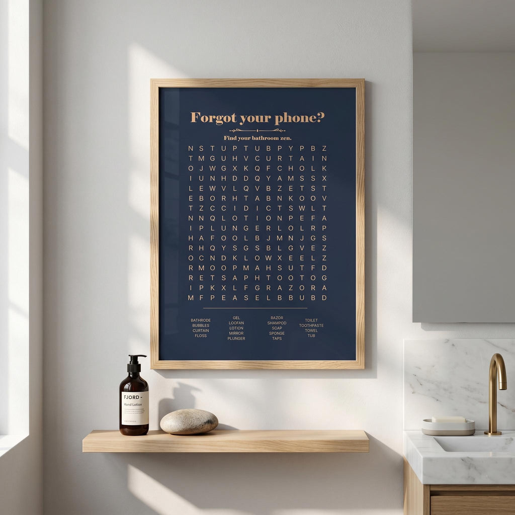 Navy Forgot your phone? bathroom word search print hanging in a bathroom above a basin