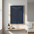 Navy Forgot your phone? bathroom word search print hanging in a bathroom above a basin
