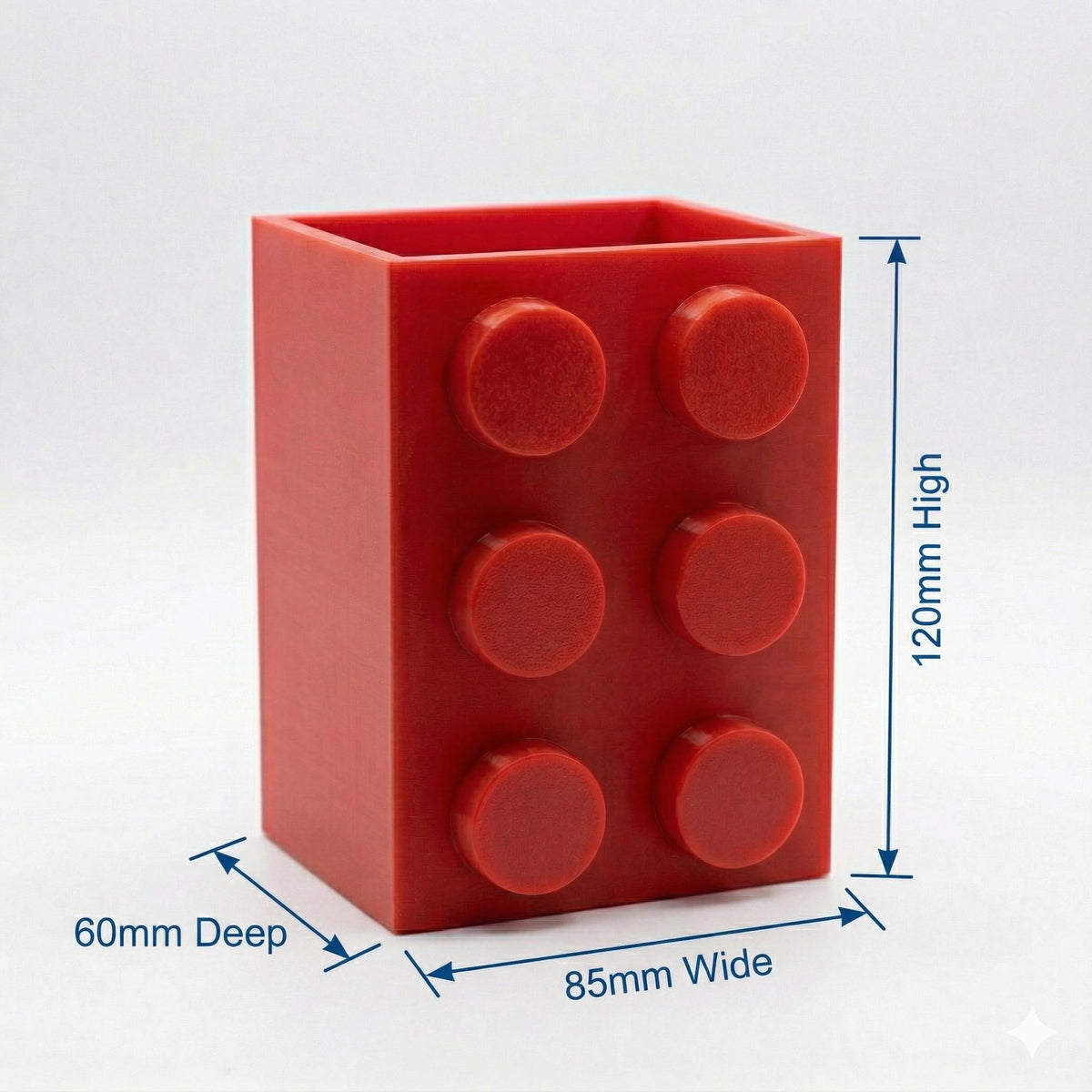Red building brick pencil pot with its size: 120 mm high, 85 mm wide, 60 mm deep