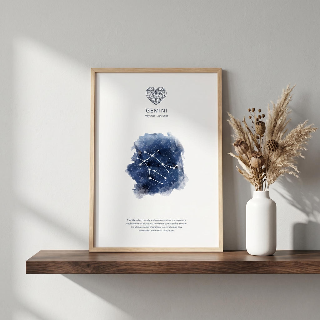 Gemini zodiac constellation print in indigo watercolour, with the Gemini symbol and dates, in a wood frame on a shelf