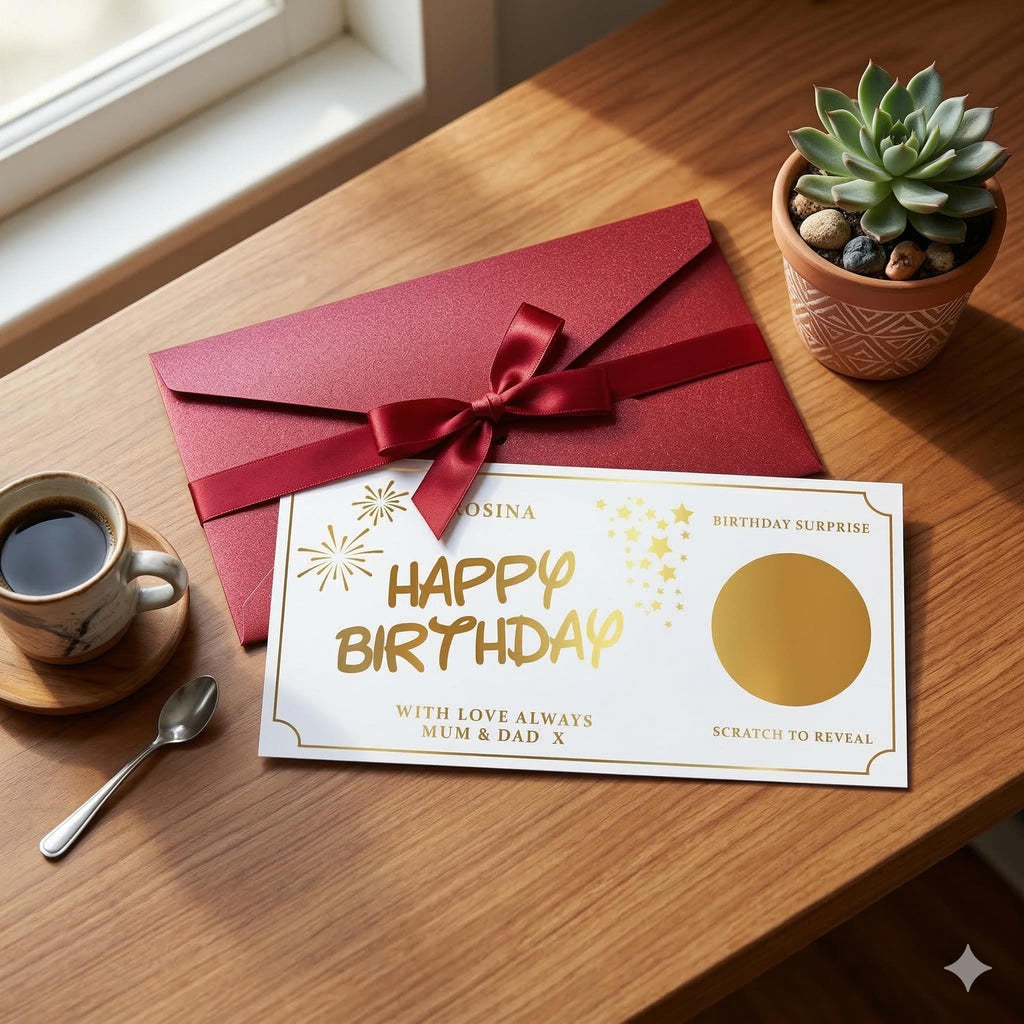 Personalised Happy Birthday scratch card for Rosina with a gold scratch panel, beside a red ribbon envelope