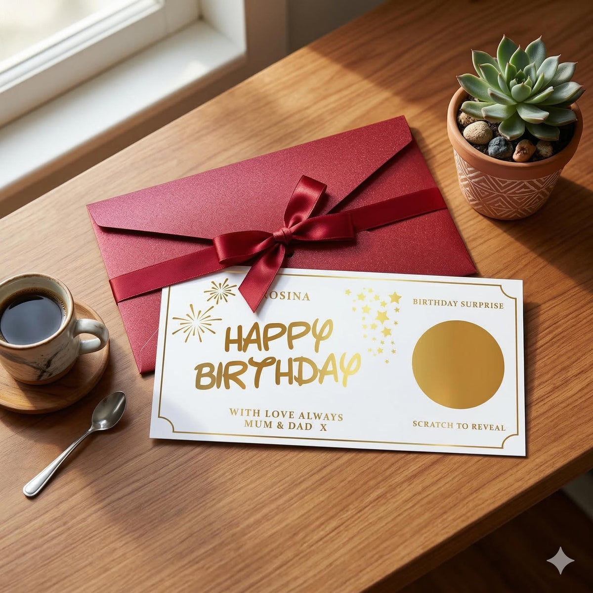 Personalised Happy Birthday scratch card for Rosina with a gold scratch panel, beside a red ribbon envelope