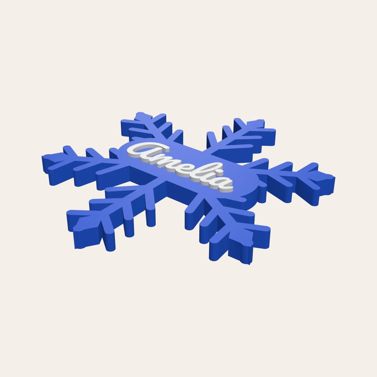 Blue personalised snowflake with a name across the middle, as a fridge magnet