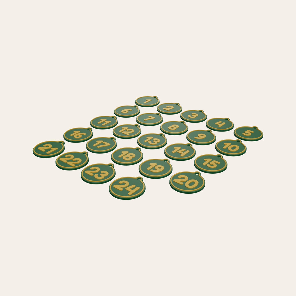 Advent calendar numbers 1 to 24 in green and gold, each a round tag with a hole