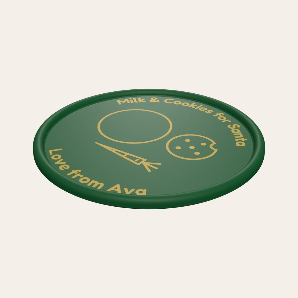 Personalised Santa plate in green and gold: milk, cookie and carrot drawings and "Love from Ava"