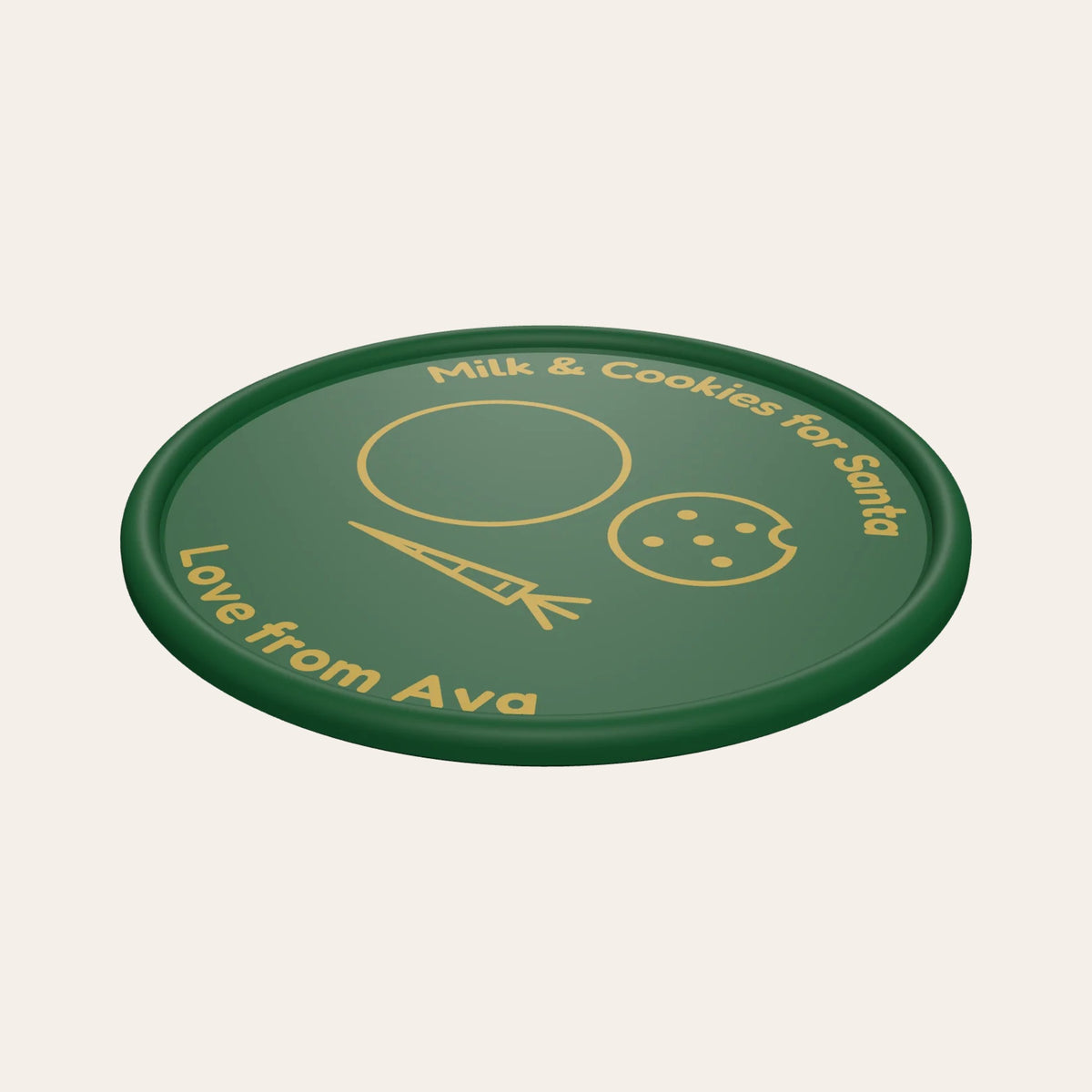 Personalised Santa plate in green and gold: milk, cookie and carrot drawings and "Love from Ava"