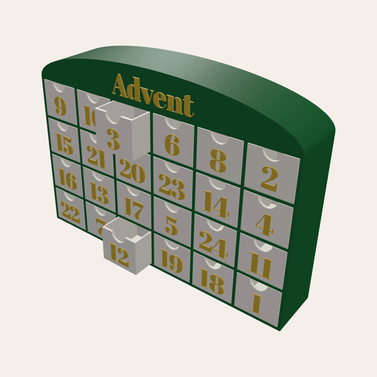 Personalised advent calendar cabinet in green and gold with 24 numbered drawers and a word on the arched top