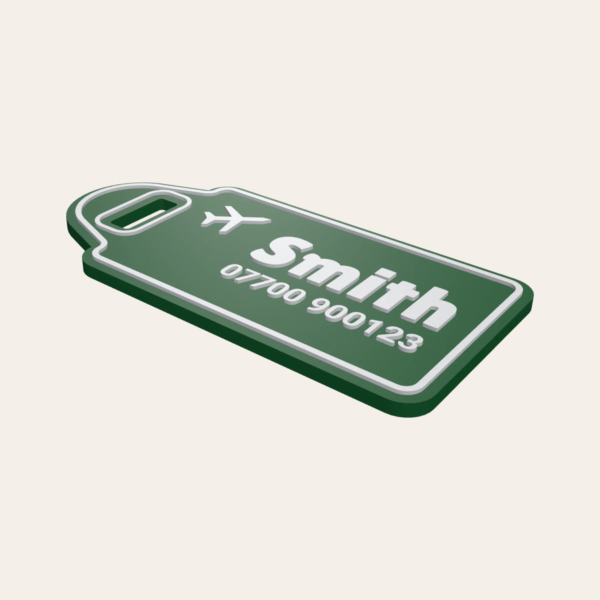 Green & White personalised luggage tag with a plane icon, the name Smith and a phone number