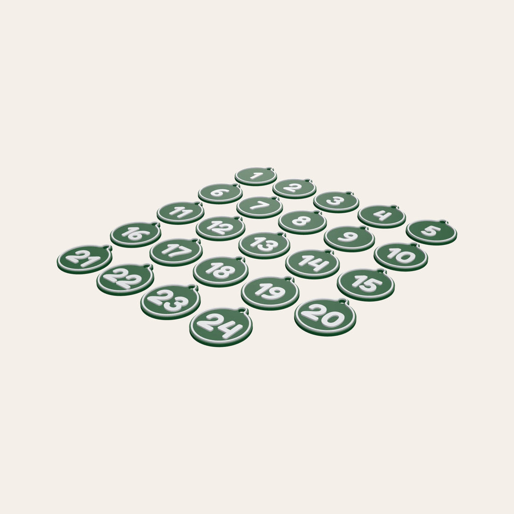 Advent calendar numbers 1 to 24 in green and white, each a round tag with a hole