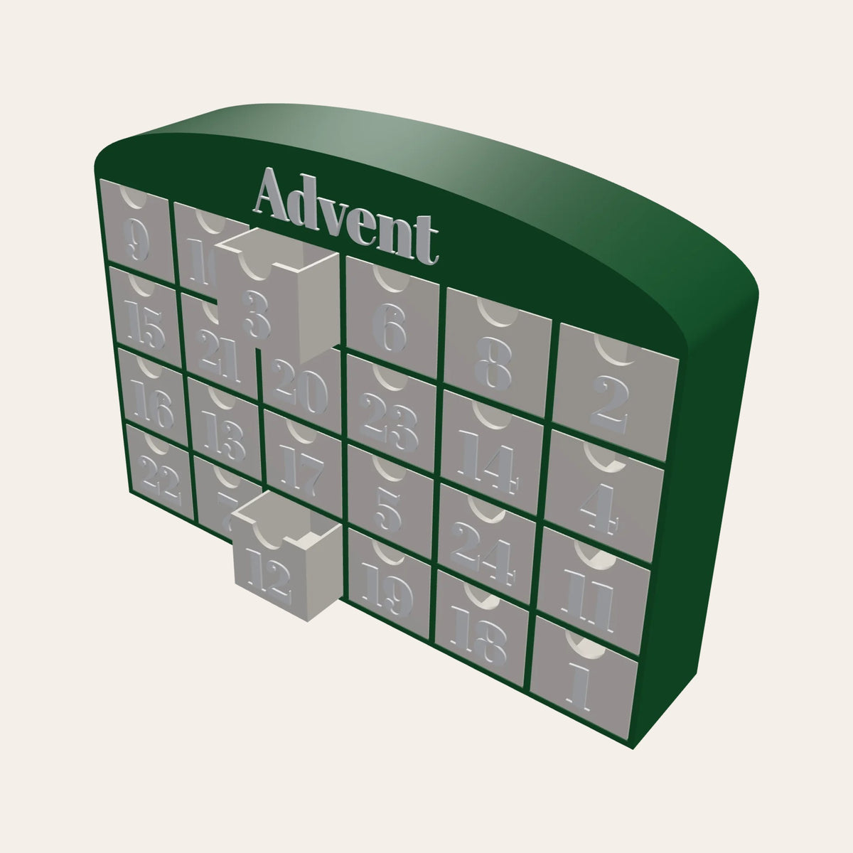 Personalised advent calendar cabinet in green and white with 24 numbered drawers and a word on the arched top