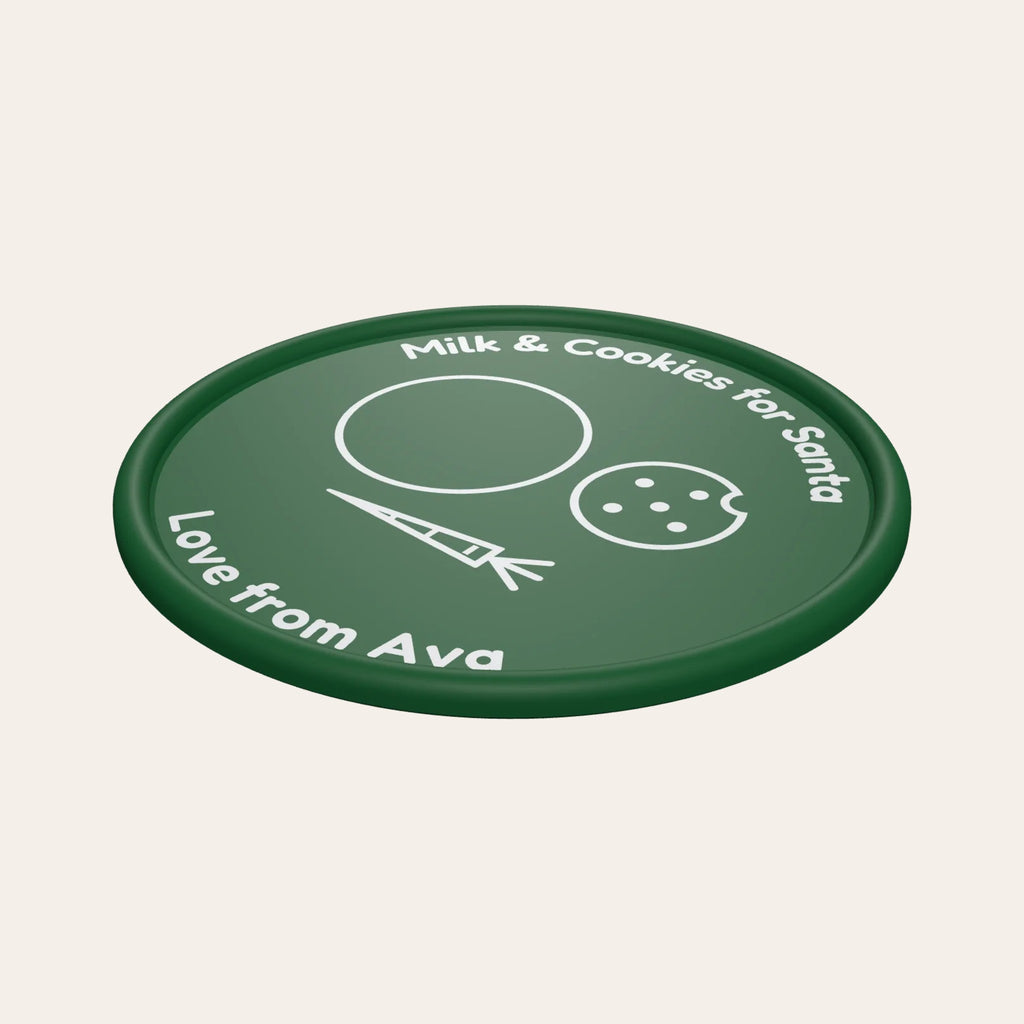 Personalised Santa plate in green and white: milk, cookie and carrot drawings and "Love from Ava"