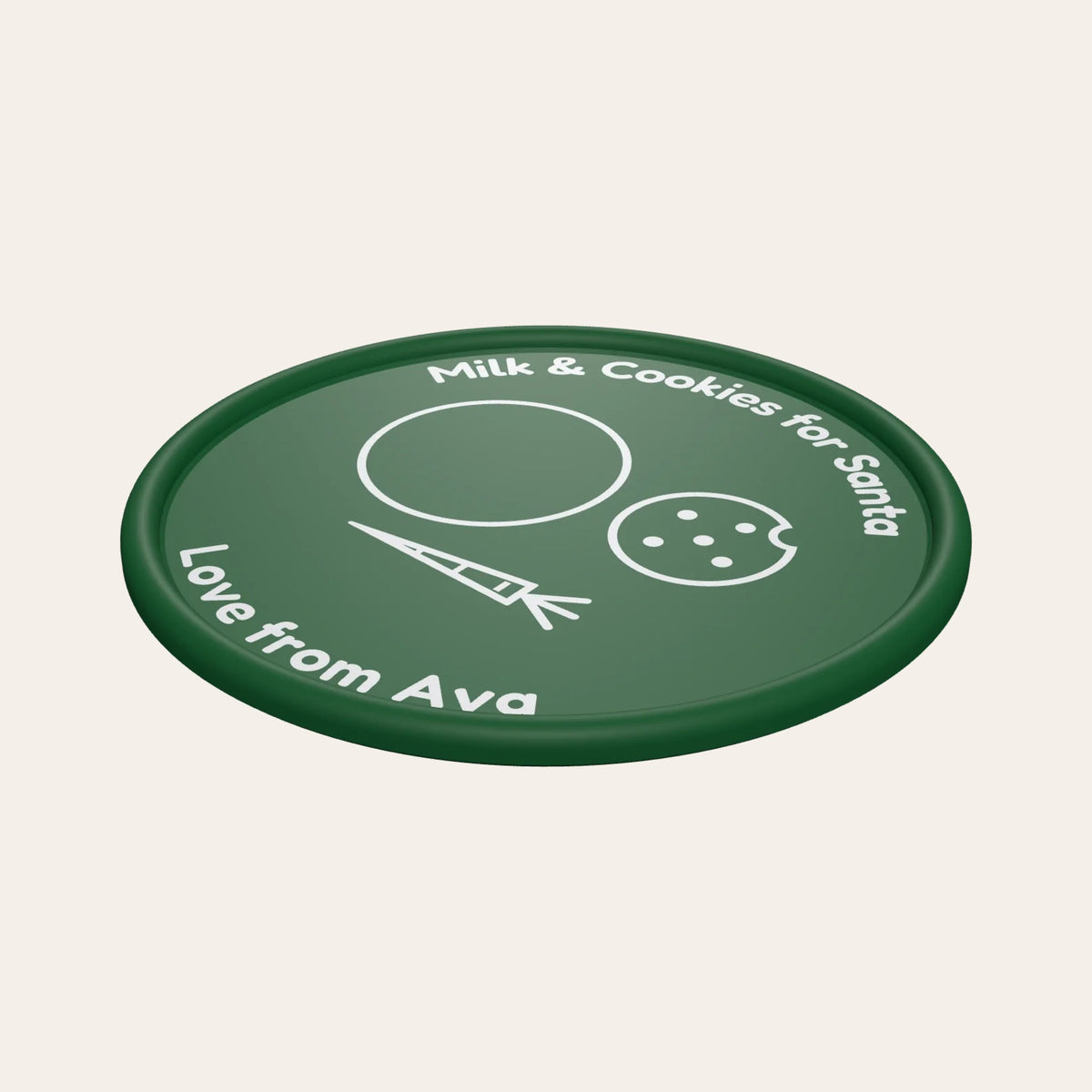Personalised Santa plate in green and white: milk, cookie and carrot drawings and "Love from Ava"