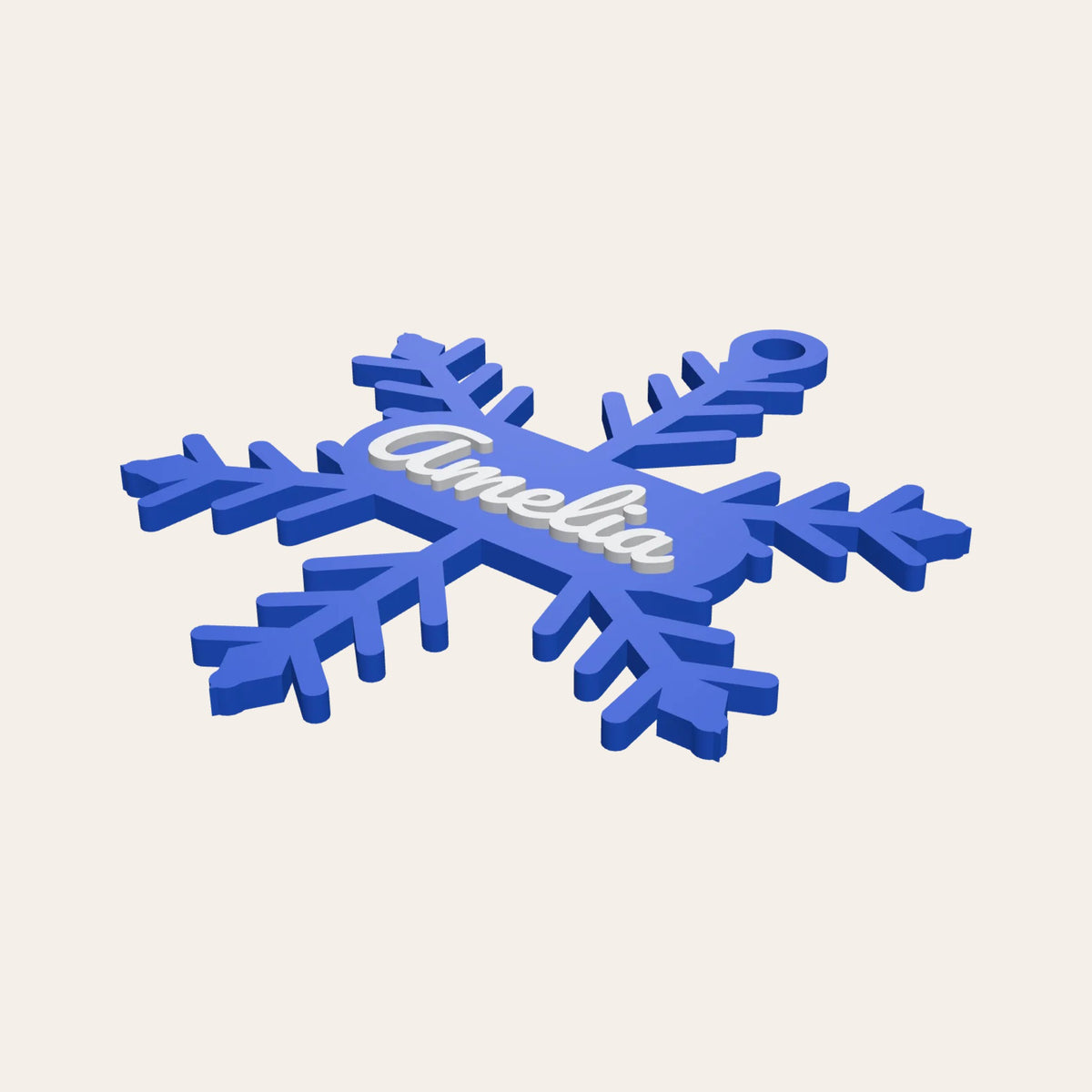 Blue personalised snowflake with a name across the middle, as a keyring