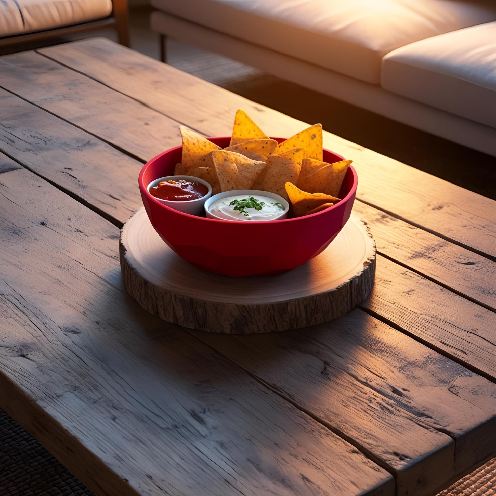 Red bowl with tortilla chips and dips on a wooden table