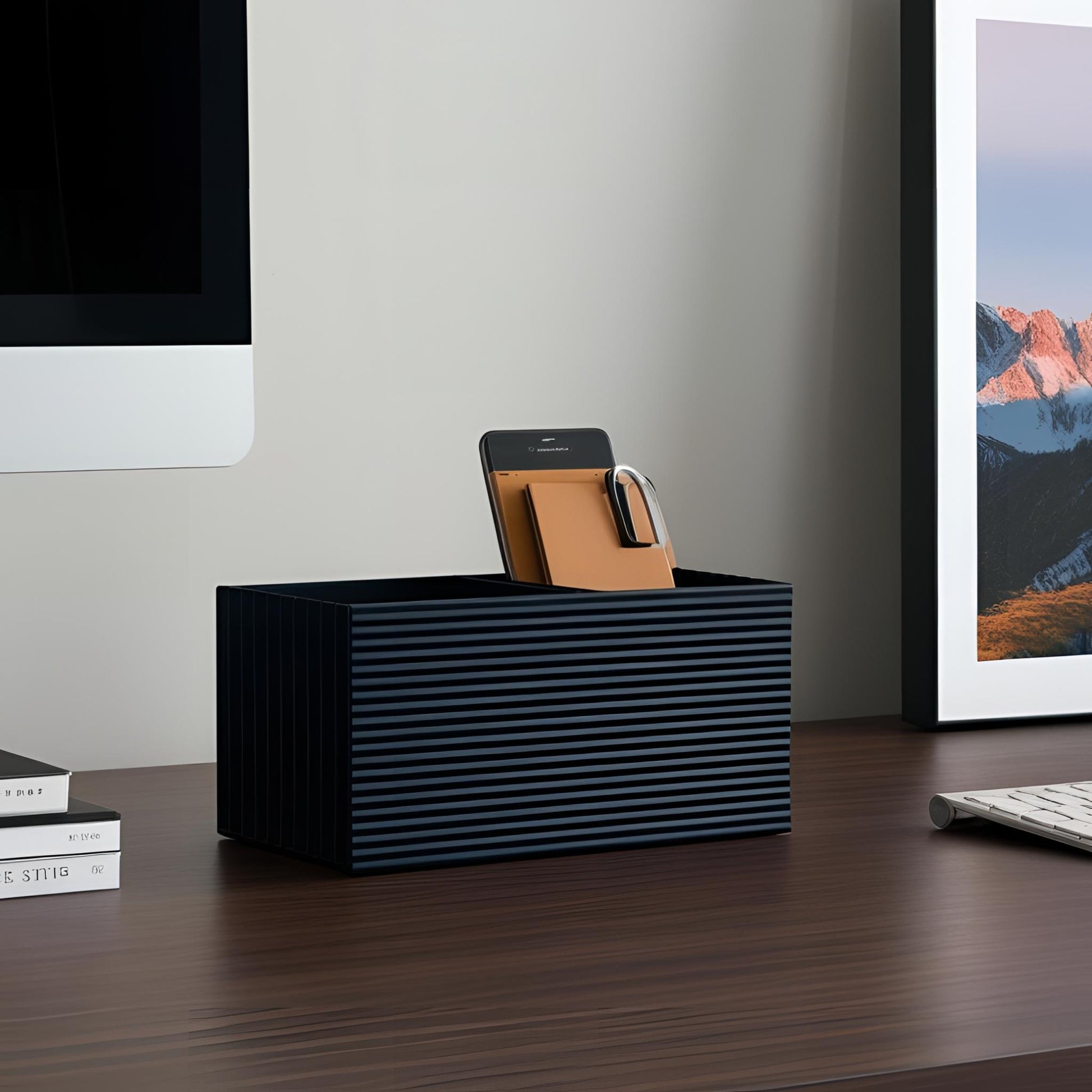 Modern office organiser with ribbed surface on a light desk