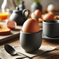 Egg in a gray ceramic cup on a wooden table with breakfast items in the background